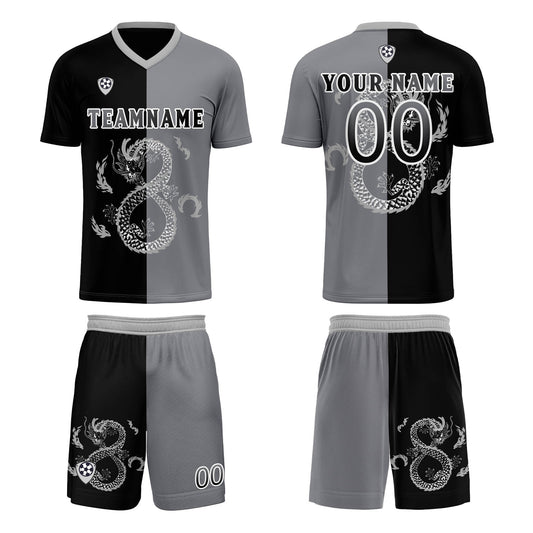 Benutzerdefinierte Schwarz Grau Trikots für Männer Frauen Personalisierte Fußball Uniformen für Erwachsene und Kind