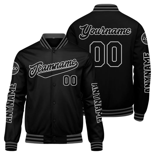 Maßgeschneiderte Schwarz Grau Letterman Varsity Jacket Individuelle Stickerei Druck nach Ihrem Wunsch