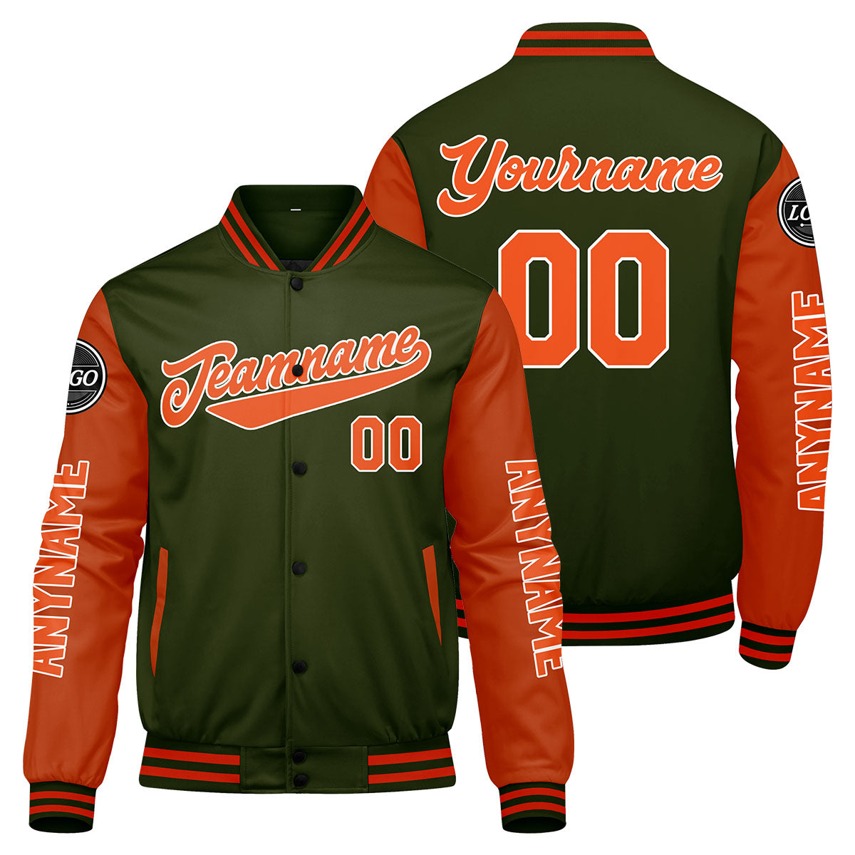 Maßgeschneiderte Olivengrün Orange Letterman Varsity Jacket Individuelle Stickerei Druck nach Ihrem Wunsch