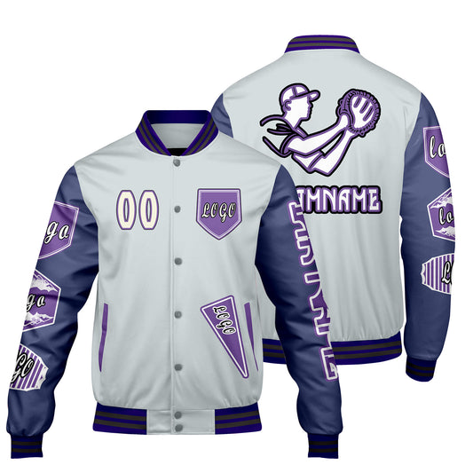 Maßgeschneiderte Grau Lila Letterman Varsity Jacket Individuelle Stickerei  Druck nach Ihrem Wunsch