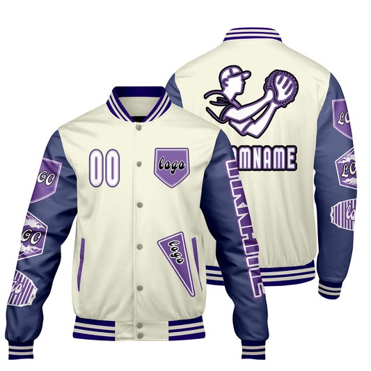 Maßgeschneiderte Weiß Lila Letterman Varsity Jacket Individuelle Stickerei  Druck nach Ihrem Wunsch