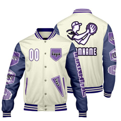 Maßgeschneiderte Weiß Lila Letterman Varsity Jacket Individuelle Stickerei  Druck nach Ihrem Wunsch