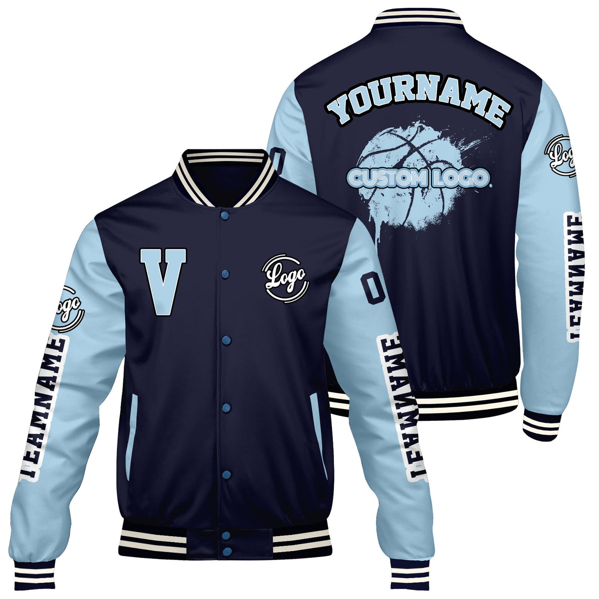Maßgeschneiderte Marine Löwenblau Letterman Varsity Jacket Individuelle Stickerei Druck nach Ihrem Wunsch