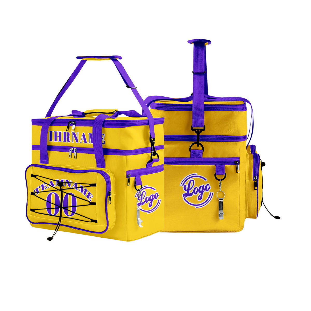 Maßgeschickerte Gelb Lila vollflächig bedruckte isolierte Kühltasche mit Doppelwand Wasserdichte 600D Oxford Picknick-Tragetasche für Teamevents & Outdoor-Grillen
