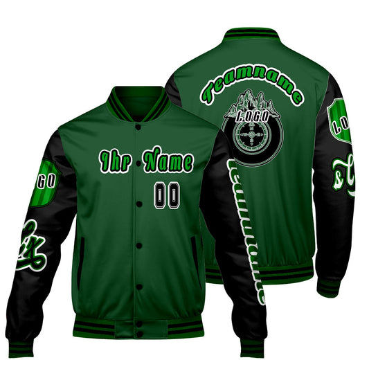 Maßgeschneiderte Grün Schwarz Letterman Varsity Jacket Individuelle Stickerei  Druck nach Ihrem Wunsch