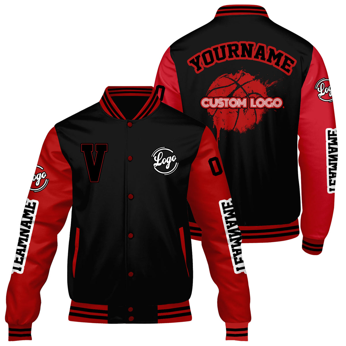 Maßgeschneiderte Schwarz Rot Letterman Varsity Jacket Individuelle Stickerei Druck nach Ihrem Wunsch
