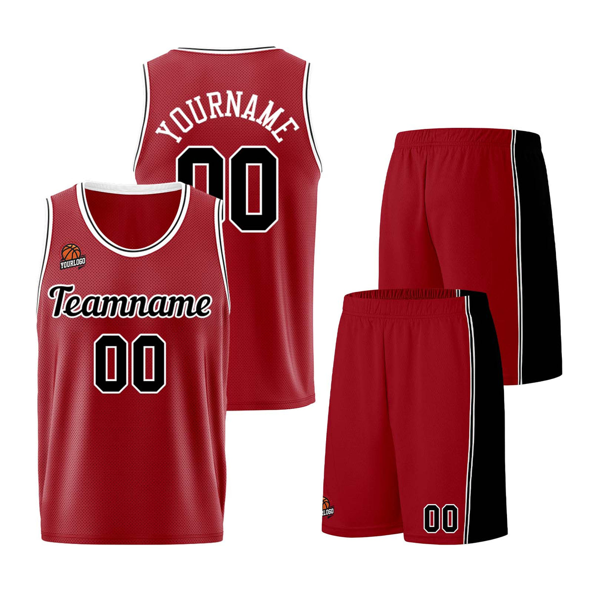 Individuelle Burgund Schwarz Basketball Jersey Shorts für Männer und Frauen Gestickter und gedruckter Name, Nummer und Logo