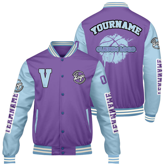Maßgeschneiderte Lila Löwenblau Letterman Varsity Jacket Individuelle Stickerei Druck nach Ihrem Wunsch