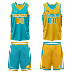 Benutzerdefinierte Cyan Gelb Reversible Basketball Jersey Personalisierte Drucken Name Nummer Logo