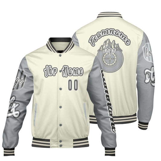 Maßgeschneiderte Weiß Grau Letterman Varsity Jacket Individuelle Stickerei  Druck nach Ihrem Wunsch