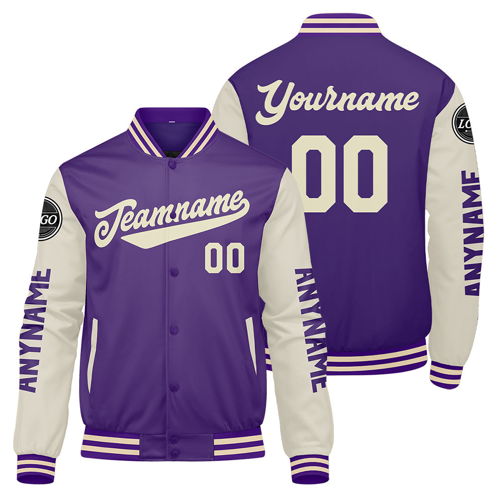 Maßgeschneiderte Lila Creme Letterman Varsity Jacket Individuelle Stickerei Druck nach Ihrem Wunsch