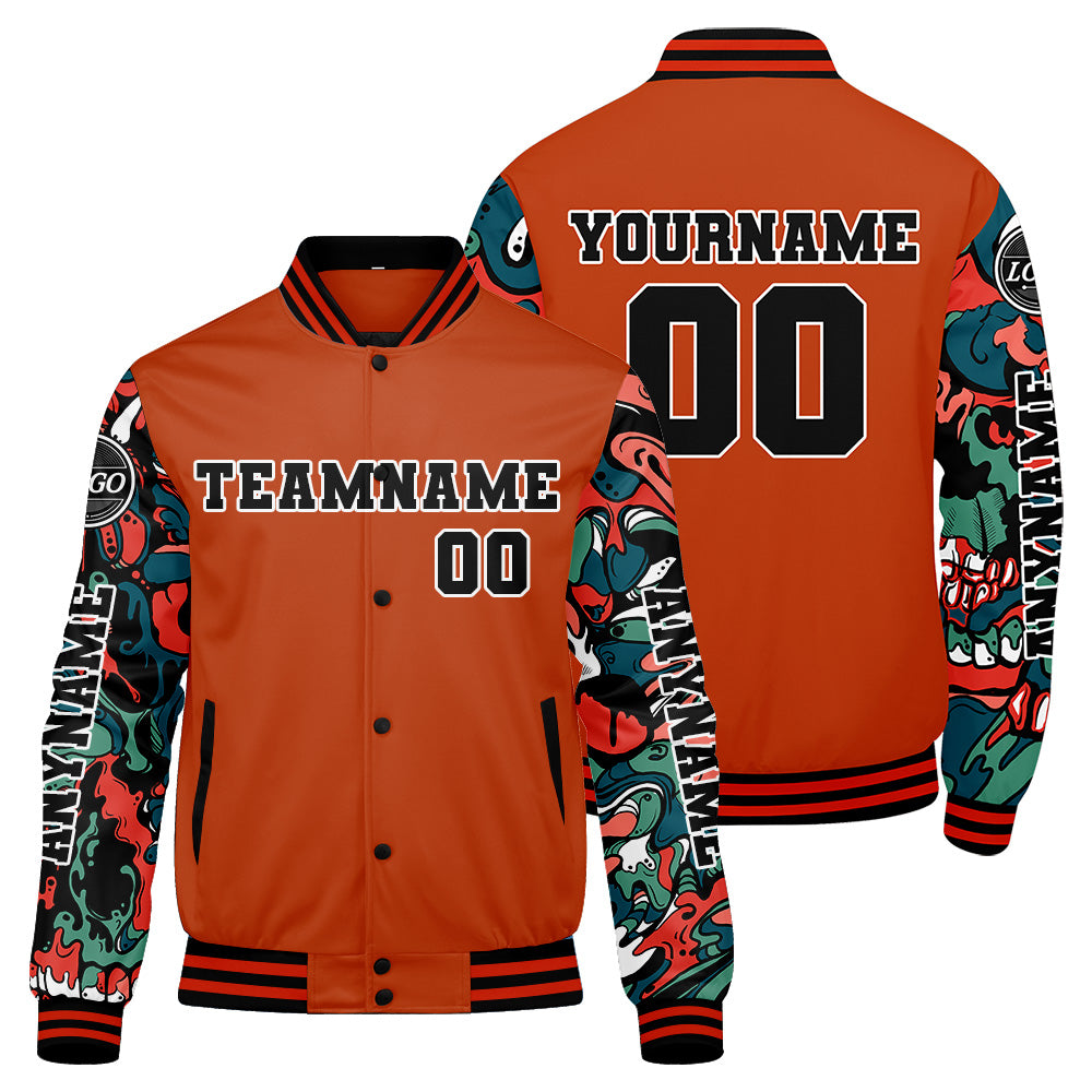 Maßgeschneiderte Orange Letterman Varsity Jacket Individuelle Stickerei Druck nach Ihrem Wunsch