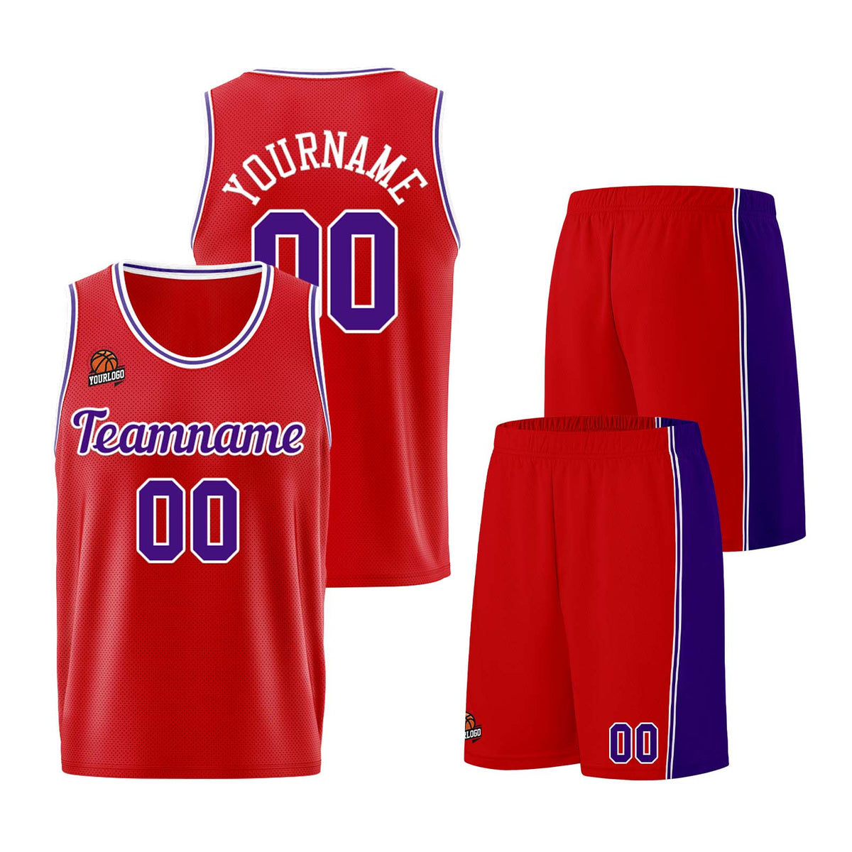 Individuelle Rot Lila Basketball Jersey Shorts für Männer und Frauen Gestickter und gedruckter Name, Nummer und Logo