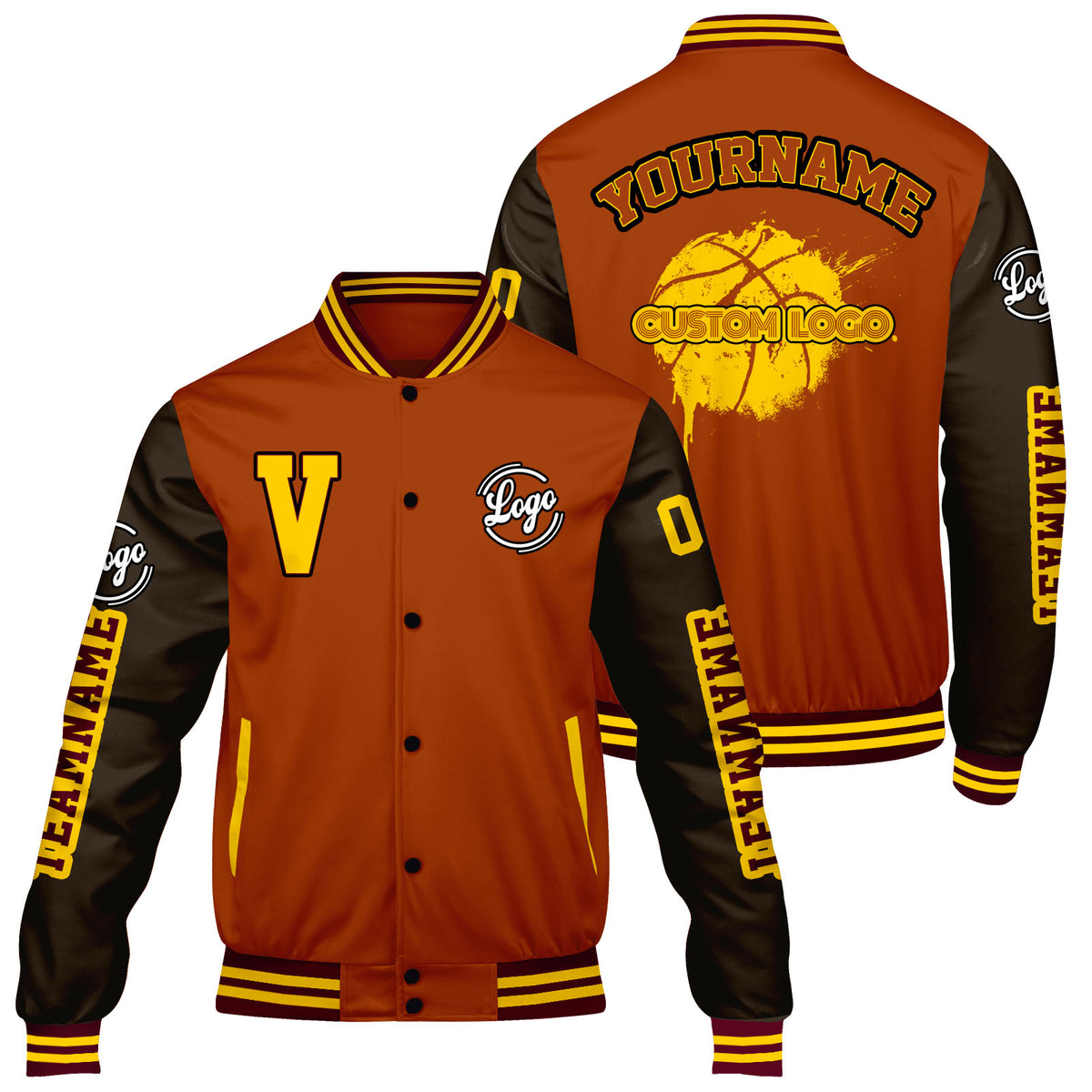 Maßgeschneiderte Orange Braun Letterman Varsity Jacket Individuelle Stickerei Druck nach Ihrem Wunsch