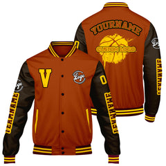 Maßgeschneiderte Orange Braun Letterman Varsity Jacket Individuelle Stickerei Druck nach Ihrem Wunsch