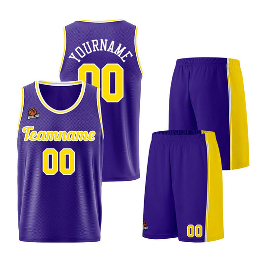 Individuelle Lila Gelb Basketball Jersey Shorts für Männer und Frauen Gestickter und gedruckter Name, Nummer und Logo