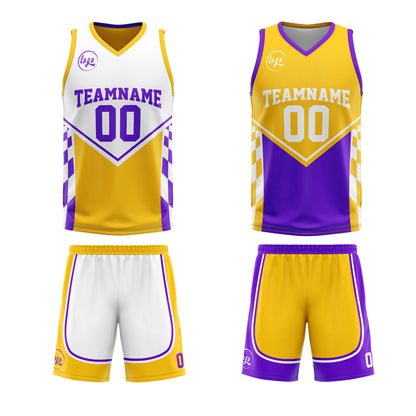 Benutzerdefinierte Gelb Lila Reversible Basketball Jersey Personalisierte Drucken Name Nummer Logo