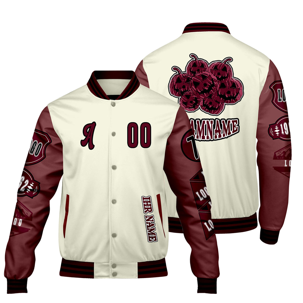 Maßgeschneiderte Weiß Burgund Letterman Varsity Jacket Individuelle Stickerei  Druck nach Ihrem Wunsch