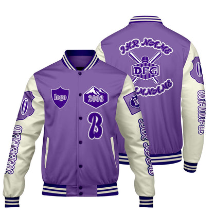 Maßgeschneiderte Lila Weiß Letterman Varsity Jacket Individuelle Stickerei  Druck nach Ihrem Wunsch