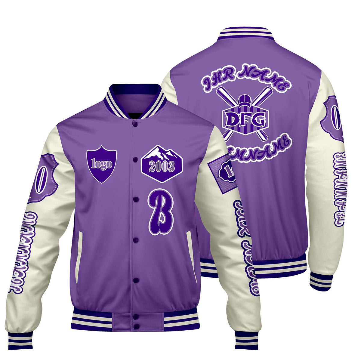 Maßgeschneiderte Lila Weiß Letterman Varsity Jacket Individuelle Stickerei  Druck nach Ihrem Wunsch