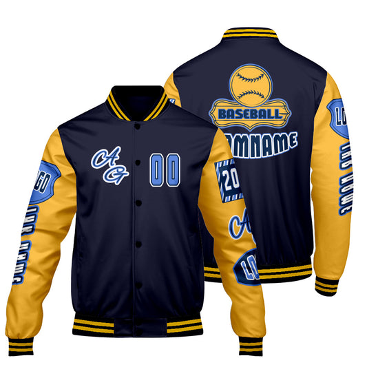 Maßgeschneiderte Marine Gelb Letterman Varsity Jacket Individuelle Stickerei  Druck nach Ihrem Wunsch