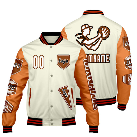Maßgeschneiderte Weiß Orange Letterman Varsity Jacket Individuelle Stickerei  Druck nach Ihrem Wunsch