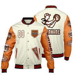 Maßgeschneiderte Weiß Orange Letterman Varsity Jacket Individuelle Stickerei  Druck nach Ihrem Wunsch