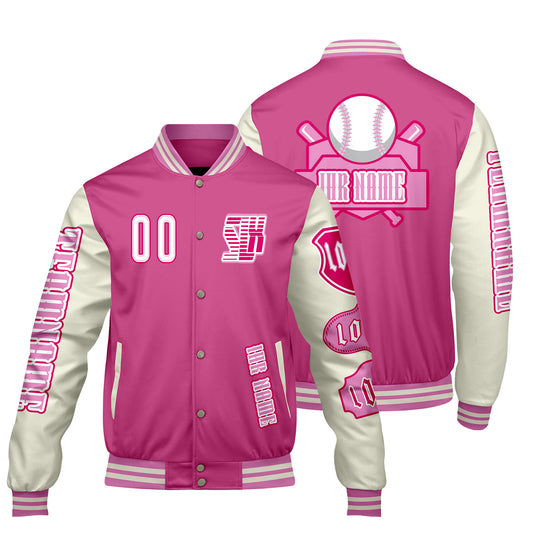 Maßgeschneiderte Rosa Weiß Letterman Varsity Jacket Individuelle Stickerei  Druck nach Ihrem Wunsch