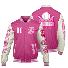 Maßgeschneiderte Rosa Weiß Letterman Varsity Jacket Individuelle Stickerei  Druck nach Ihrem Wunsch