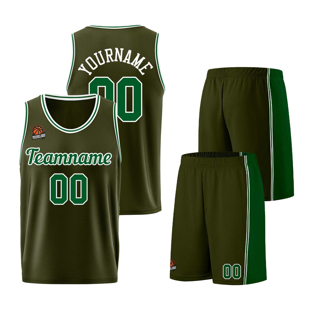 Individuelle Armeegrün-Grün Basketball Jersey Shorts für Männer und Frauen Gestickter und gedruckter Name, Nummer und Logo