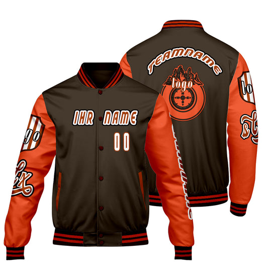 Maßgeschneiderte Braun Orange Letterman Varsity Jacket Individuelle Stickerei  Druck nach Ihrem Wunsch