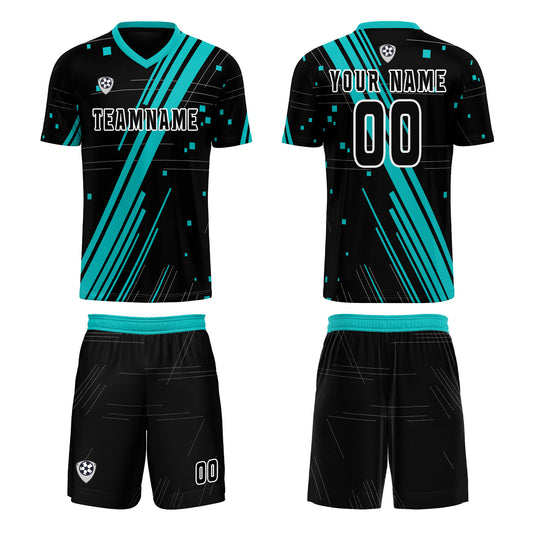 Benutzerdefinierte Schwarz Blaugrün Trikots für Männer Frauen Personalisierte Fußball Uniformen für Erwachsene und Kind