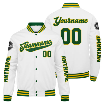 Maßgeschneiderte Grün Gelb Weiß Letterman Varsity Jacket Individuelle Stickerei Druck nach Ihrem Wunsch