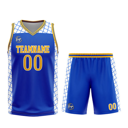 Benutzerdefinierter Blau Gelb Basketball Jersey Uniform Anzug gedruckt Ihr Logo Name Nummer