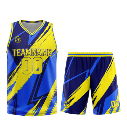 Benutzerdefinierter Blau Gelb Basketball Jersey Uniform Anzug gedruckt Ihr Logo Name Nummer