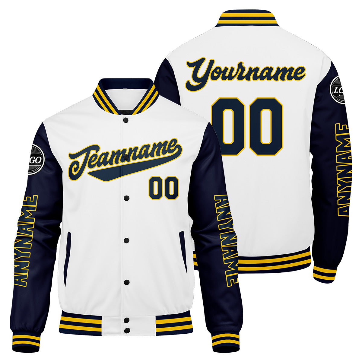 Maßgeschneiderte Marine Weiß Gelb Letterman Varsity Jacket Individuelle Stickerei Druck nach Ihrem Wunsch