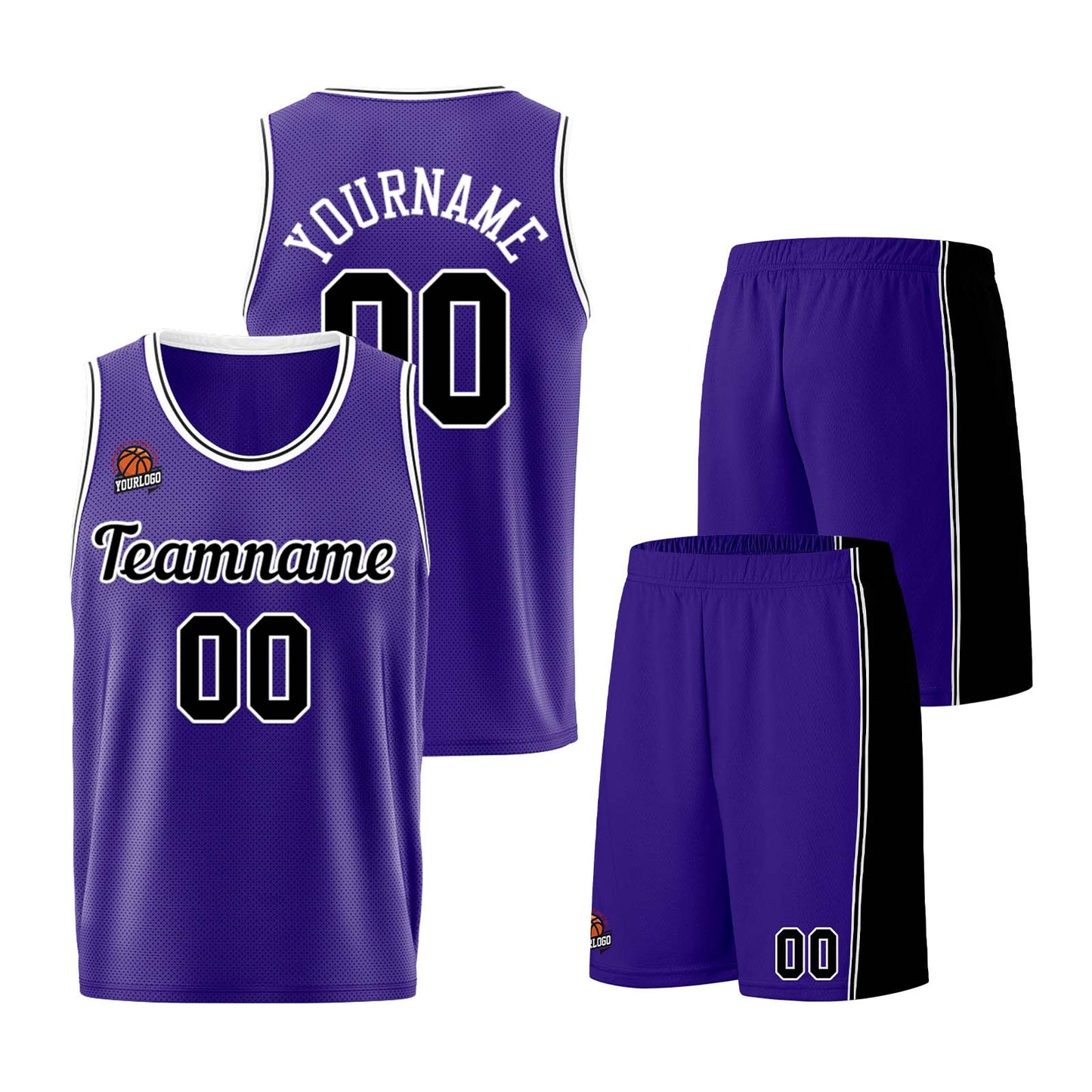 Individuelle Lila Schwarz Basketball Jersey Shorts für Männer und Frauen Gestickter und gedruckter Name, Nummer und Logo