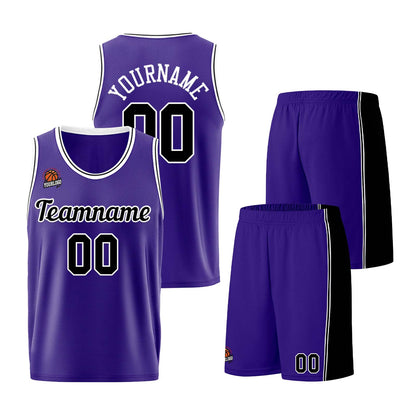 Individuelle Lila Schwarz Basketball Jersey Shorts für Männer und Frauen Gestickter und gedruckter Name, Nummer und Logo