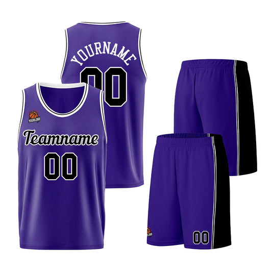 Individuelle Lila Schwarz Basketball Jersey Shorts für Männer und Frauen Gestickter und gedruckter Name, Nummer und Logo