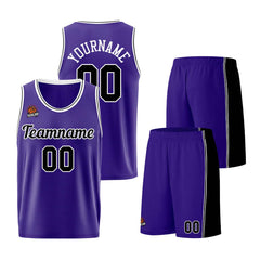 Individuelle Lila Schwarz Basketball Jersey Shorts für Männer und Frauen Gestickter und gedruckter Name, Nummer und Logo