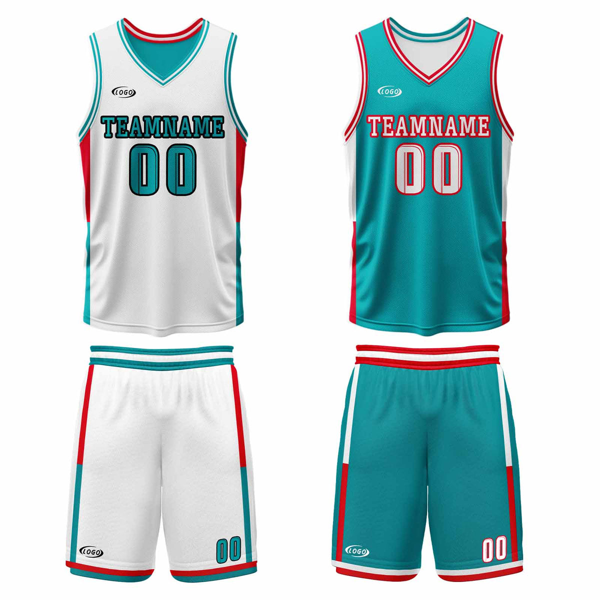 Benutzerdefinierte Weiß Cyan Rot Reversible Basketball Jersey Personalisierte Drucken Name Nummer Logo