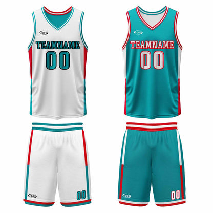 Benutzerdefinierte Weiß Cyan Rot Reversible Basketball Jersey Personalisierte Drucken Name Nummer Logo