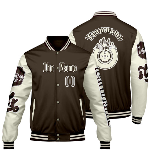 Maßgeschneiderte Braun Weiß Letterman Varsity Jacket Individuelle Stickerei  Druck nach Ihrem Wunsch