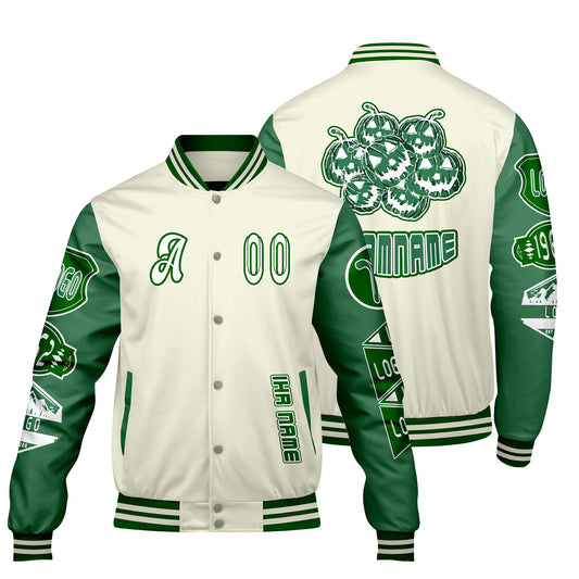 Maßgeschneiderte Weiß Gras Grün Letterman Varsity Jacket Individuelle Stickerei  Druck nach Ihrem Wunsch