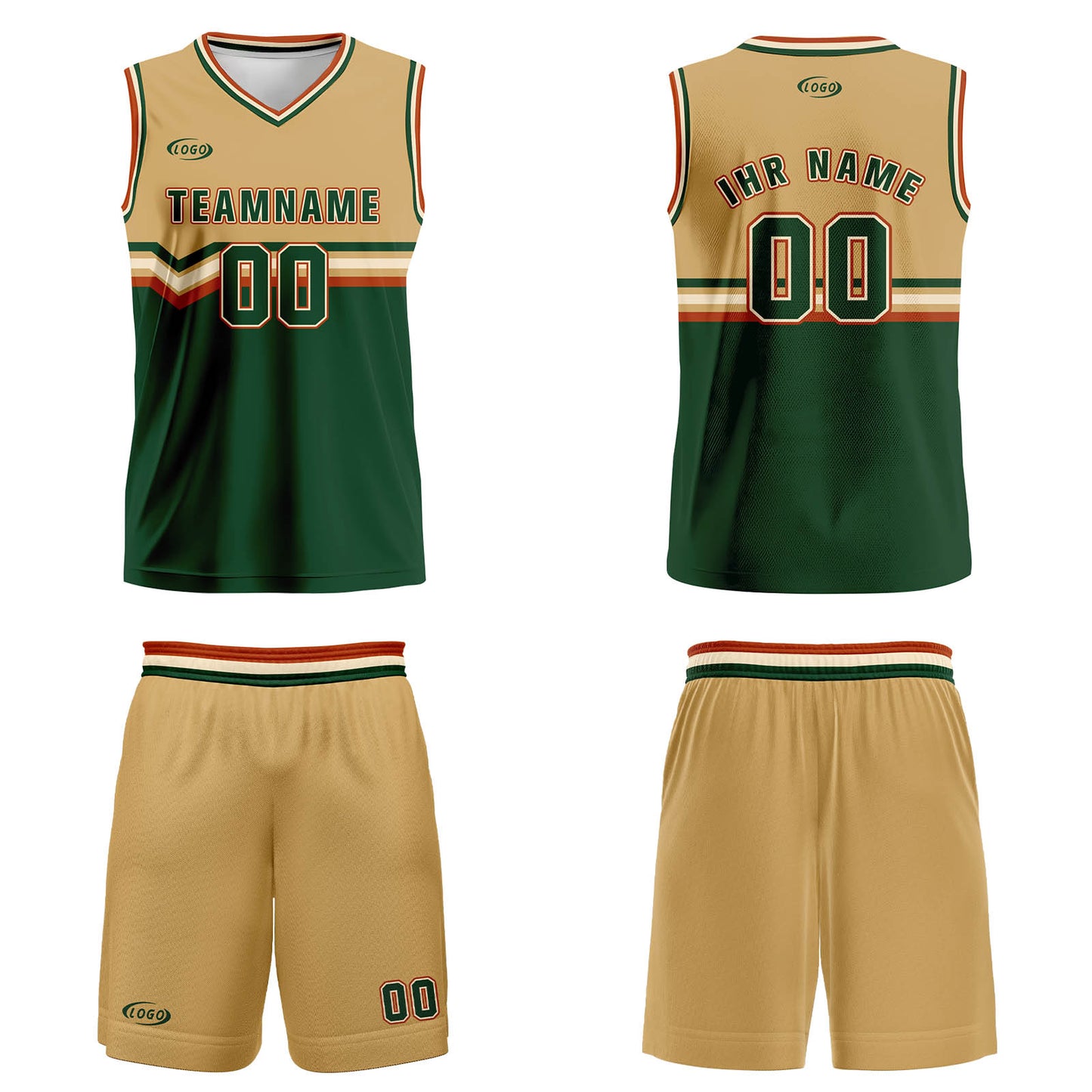 Benutzerdefinierter Hellbraun Grün Weiß Rot Basketball Jersey Uniform Anzug gedruckt Ihr Logo Name Nummer