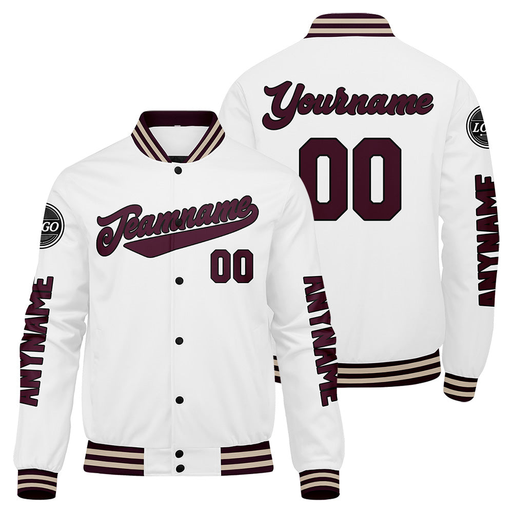Maßgeschneiderte Braun Weiß Letterman Varsity Jacket Individuelle Stickerei Druck nach Ihrem Wunsch