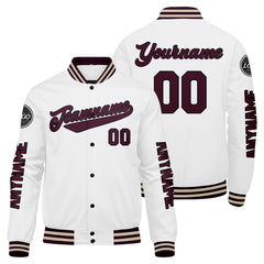 Maßgeschneiderte Braun Weiß Letterman Varsity Jacket Individuelle Stickerei Druck nach Ihrem Wunsch