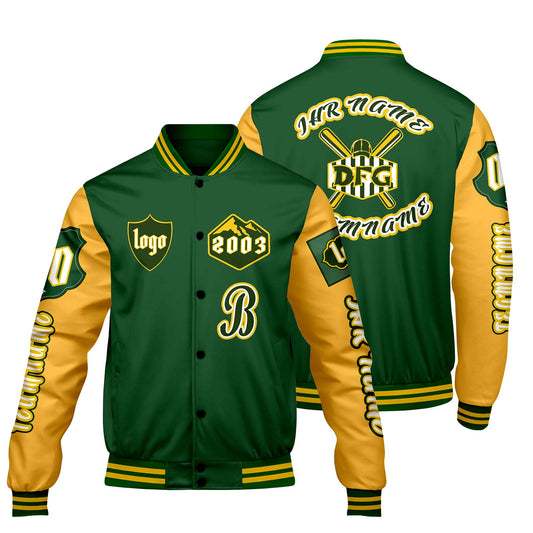 Maßgeschneiderte Grün Gelb Letterman Varsity Jacket Individuelle Stickerei  Druck nach Ihrem Wunsch