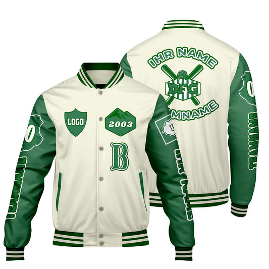 Maßgeschneiderte Weiß Grün Letterman Varsity Jacket Individuelle Stickerei  Druck nach Ihrem Wunsch