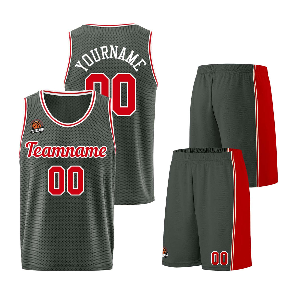 Individuelle Dunkelgrau-Rot Basketball Jersey Shorts für Männer und Frauen Gestickter und gedruckter Name, Nummer und Logo